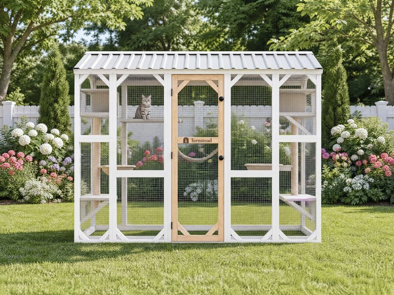 FERNSTEAD Catio CW01 with the Fernstead mark laser-engraved into the centre of the door rail, shown complete in a garden