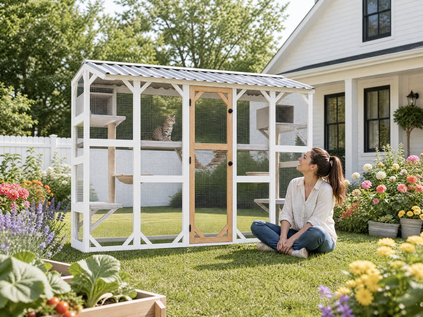 A young woman smiling at her cat inside a Fernstead Catio CW01 in a blooming garden