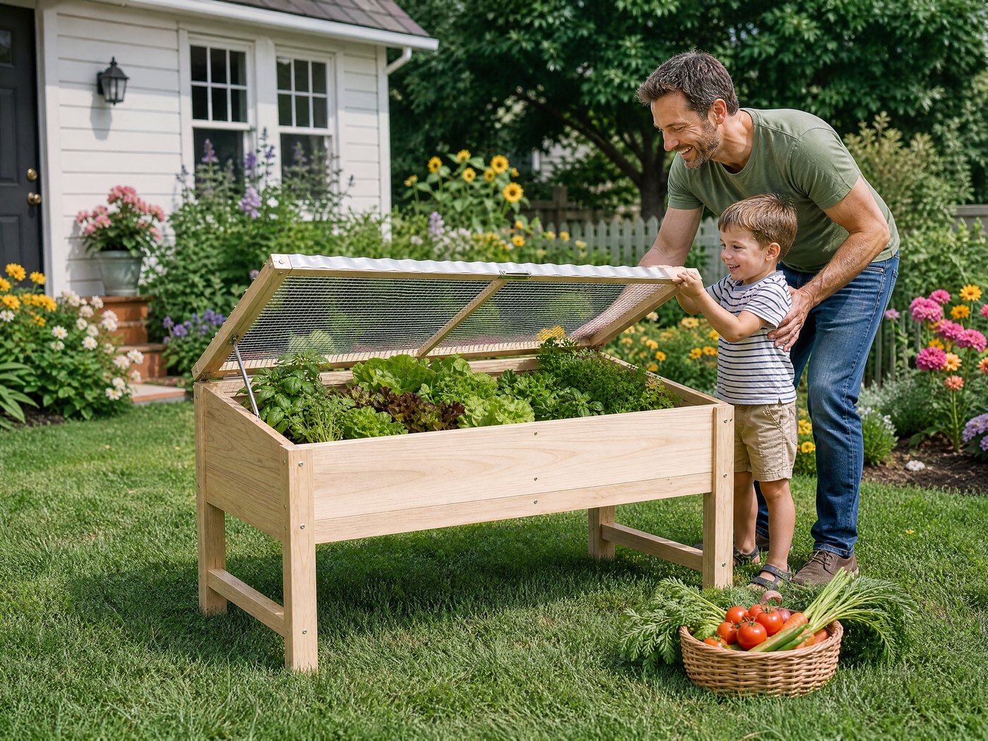 A family enjoying the FERNSTEAD Grow GB04 in a blooming backyard garden