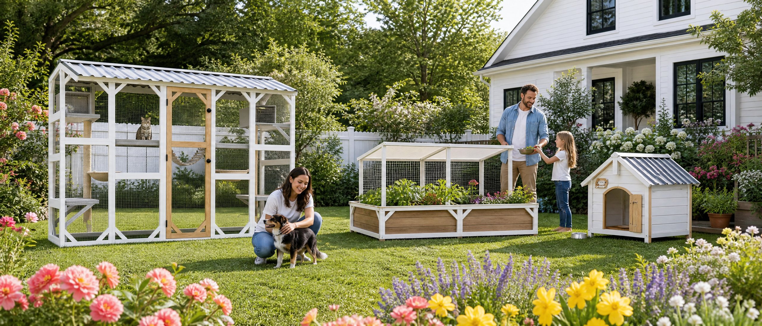 A wide view of a blooming backyard holding several Fernstead structures with a family moving among them
