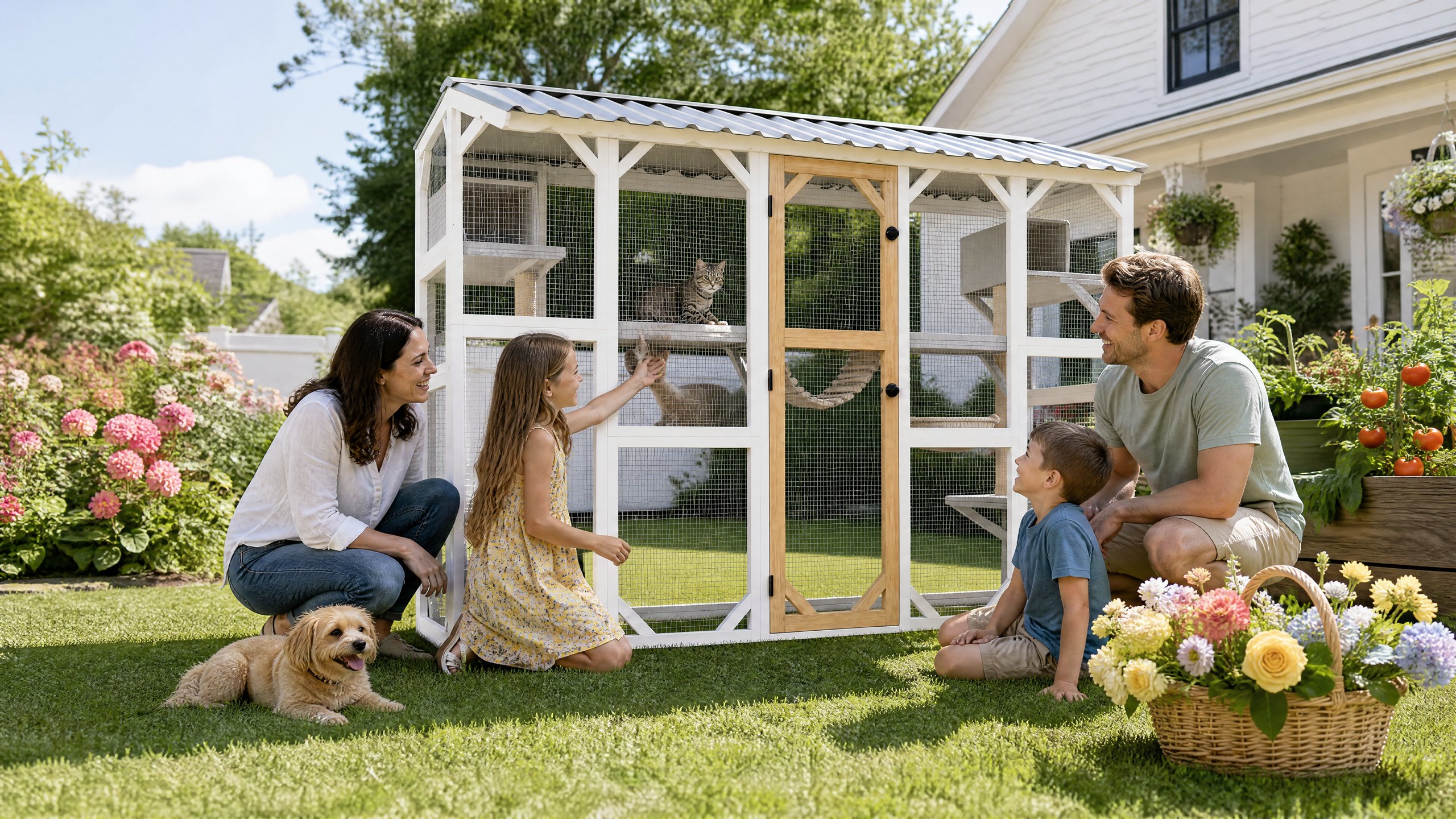 A family laughing together in a blooming backyard beside a Fernstead walk-in cat enclosure, with cats on the platforms and a dog on the lawn