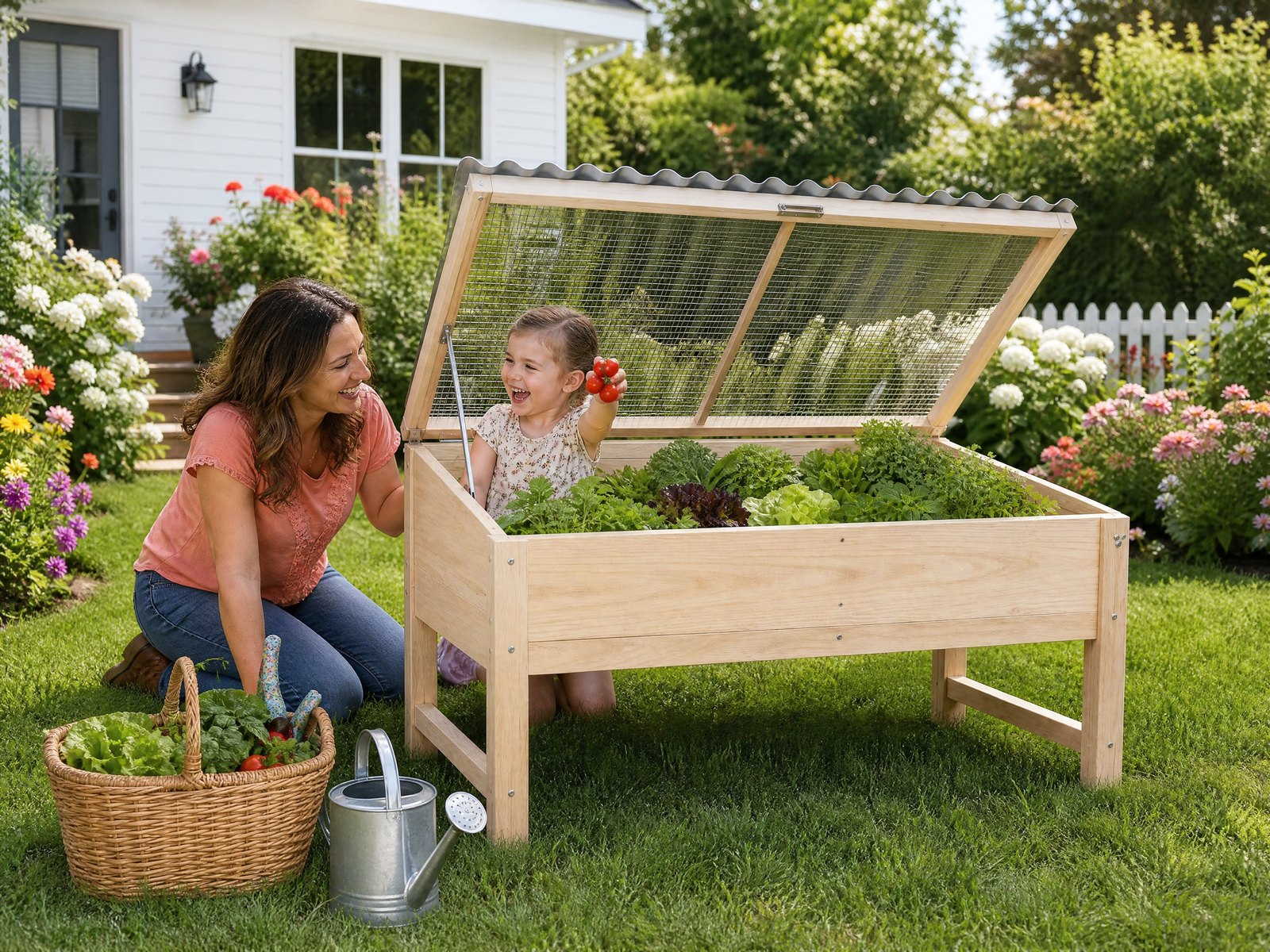 A mother and daughter laughing as they pick ripe tomatoes from a Fernstead raised garden bed