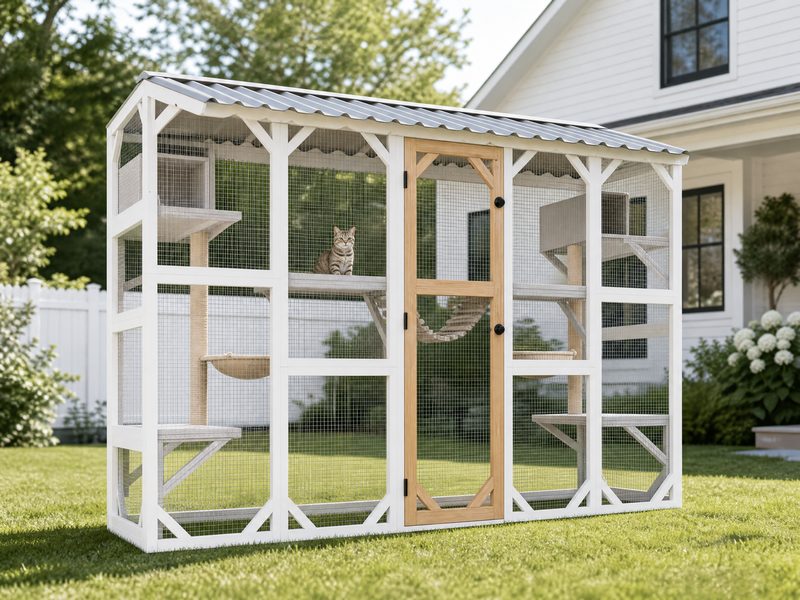 FERNSTEAD Catio CW01 outdoor cat enclosure in Farmhouse White and Natural wood