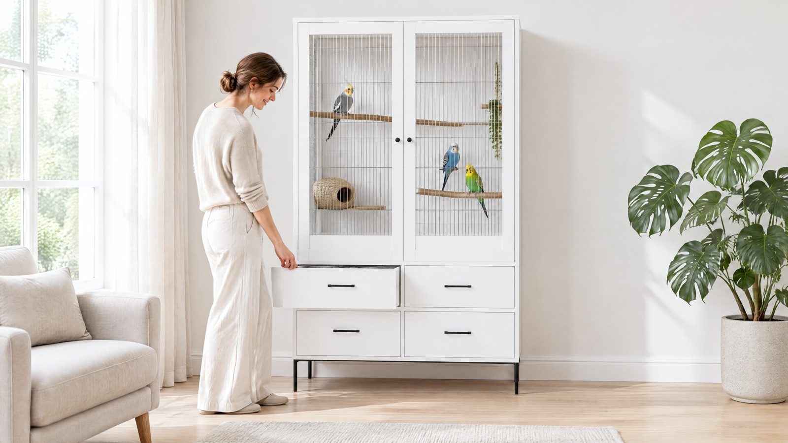 Aviary AV06 bird cage cabinet in a bright living room