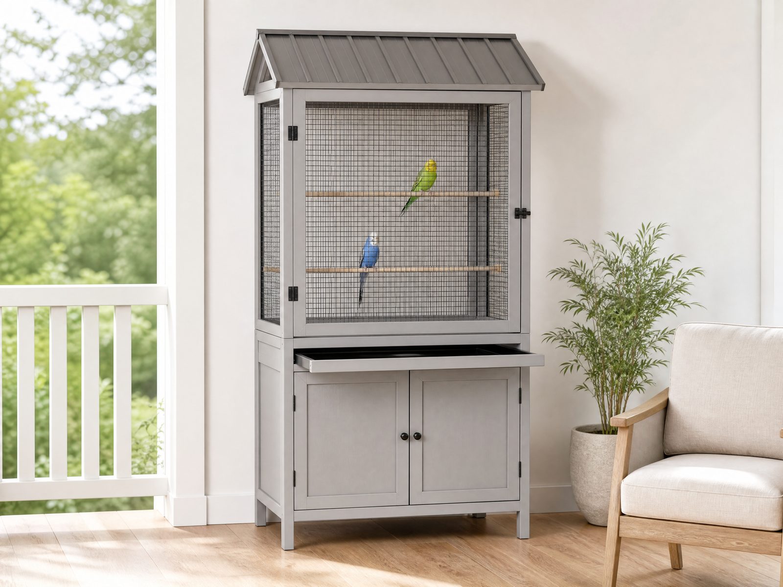 Grey bird cage cabinet concept beside a bright window