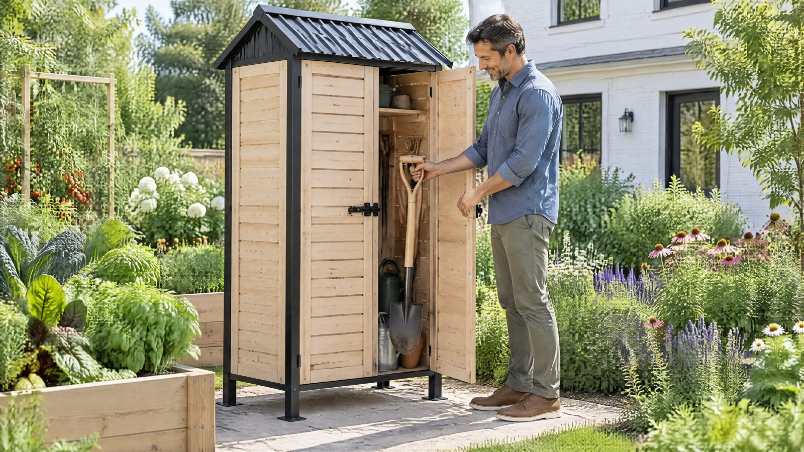 Tool Chest TC07 beside raised garden beds