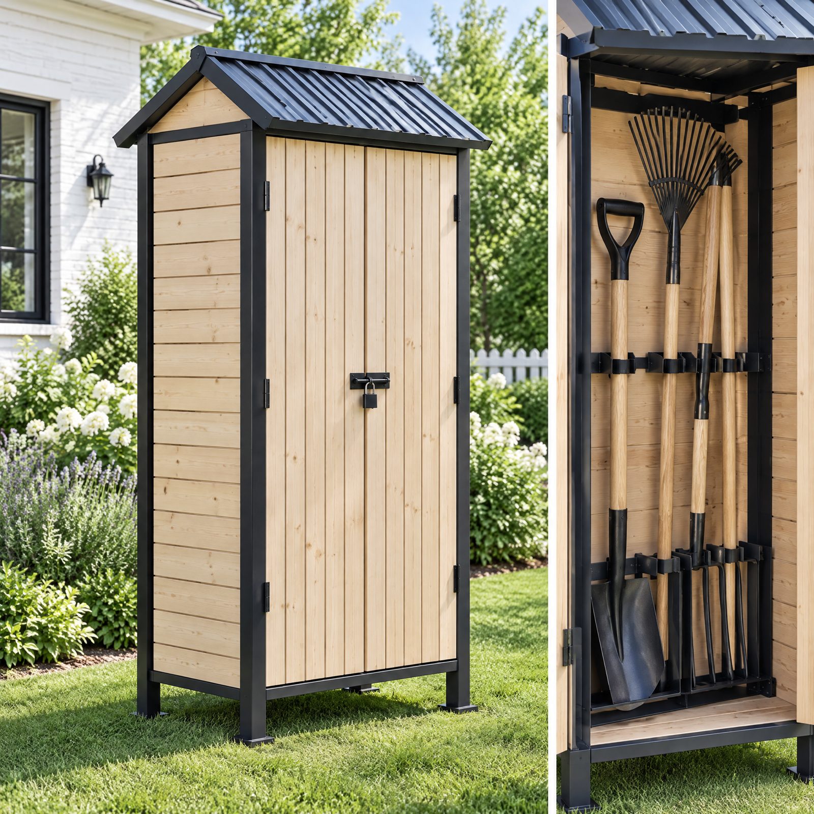 Garden tools stored upright in a timber cabinet